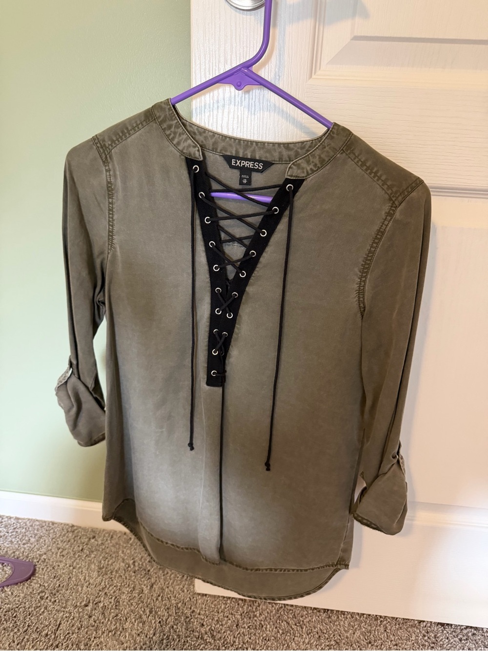 Express Olive Lace-Up V-Neck Roll Sleeve Blouse